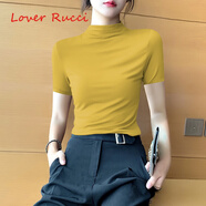 LOVER RUCCI莫代爾短袖t恤女春夏季新款修身半高領(lǐng)打底衫緊身薄款體恤上衣潮 姜黃色 XL