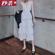 漫佩2022新款韓版吊帶雪紡蛋糕裙露背連衣裙女夏學(xué)生中長(zhǎng)款顯瘦度假裙 白色波點(diǎn) L