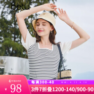 百图betu女装夏季新款T恤法式方领条纹拼接网纱短袖T恤女2306T19 黑白条 XS