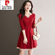皮爾卡丹（pierre cardin）小個子秋冬新品羊毛針織修身套頭毛衣裙時尚別致羊毛連衣裙潮 紅色 L