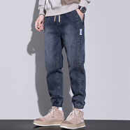 戈凡爾春秋季男士牛仔褲 寬松微彈大碼潮流休閑哈倫褲九分工裝束腳褲 QD-1801藍灰 L【(31-32碼)體重120-140斤】