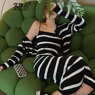 艾珠兒（Aizhuer）針織連衣裙春秋季套裝女新款氣質(zhì)辣妹法式長(cháng)袖條紋吊帶套裝裙子女 黑色兩件裝 均碼 （建議80-140斤）