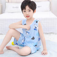 兒童睡衣夏季薄款棉綢夏天背心套裝男童夏裝綿綢寶寶人造棉家居服 無袖短褲藍(lán)色熊 90號建議穿140cm