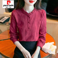 皮爾卡丹（pierre cardin）純棉襯衫女春2025年新款時(shí)尚內(nèi)搭木耳領(lǐng)全棉襯衣洋氣立領(lǐng)春秋上衣 紅色 M