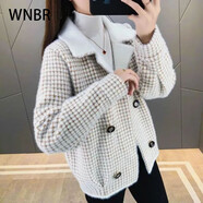 WNBR水貂絨外套女秋冬新款韓版寬松百搭毛呢格子西裝領(lǐng)英倫風(fēng)毛衣開衫 197卡其格子小短款 L 建議101-110斤