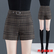 范哲莎格子短褲女加絨加厚外穿秋冬新款高腰寬松毛呢松緊腰女士短褲 格子短褲 4XL 32140-150斤左右