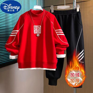 迪士尼（Disney）新款2024兒童紅色長袖T恤秋冬款龍年拜年服紅色加絨上衣男女童 黑色長褲【加絨加厚】 120身高【110-115】