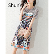 shunya 香港潮牌 印花連衣裙2022夏季新款時(shí)尚氣質(zhì)名媛網(wǎng)紗拼接薄款小個(gè)子修身顯瘦A字裙子 花色 XL