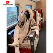 皮爾卡丹（pierre cardin）秋冬大碼加絨加厚連帽毛領(lǐng)斗篷披肩女中長(cháng)款流蘇毛呢大衣披風(fēng)外套 格子【不加絨】 均碼 【80-185斤左右】