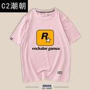 C2潮朝原宿風(fēng)短袖t恤男男 游戲迷短袖男潮 櫻花粉一 M 170