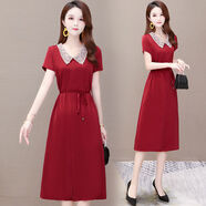 索宛亦（SUOWANYI）洋氣收腰減齡娃娃領(lǐng)遮肚雪紡連衣裙女士短袖夏天韓版顯瘦大媽裙 紅色  2XL 115-125