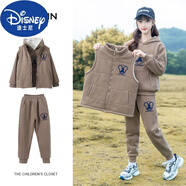 迪士尼（Disney）女童秋冬裝加絨衛(wèi)衣套裝2023新款大童女裝冬季兒童女孩加厚三件套 咖色【馬甲+衛(wèi)衣+褲子】 110cm