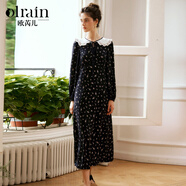 Olrain歐芮兒法式連衣裙女冬季新款碎花雪紡娃娃領(lǐng)長(cháng)袖裙子 碎花黑 M