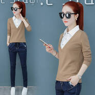 呦魅加絨長(cháng)袖假兩件T恤女2021年春秋季新款條紋拼接上衣服時(shí)尚打底 卡其色【純白領(lǐng)】 L 105-115