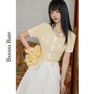香蕉寶貝（BANANA BABY）2024夏新款小香風(fēng)針織開(kāi)衫女圓領(lǐng)撞色寬松肌理感短袖D242MY111 黃色 S
