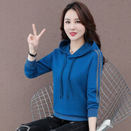 牧思特長(cháng)袖t恤女秋冬季韓版寬松連帽衛衣女裝百搭打底衫休閑T恤女士體恤 068藍色帶絨 L