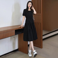 忻依美短袖連衣裙女2025夏季新款高級感氣質(zhì)時(shí)尚收腰顯瘦寬松休閑裙子 黑色 L （100-110斤）