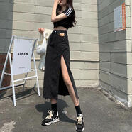 她風(fēng)采 小個(gè)子牛仔開(kāi)叉半身裙女2021夏季新款高腰a字中長(cháng)款裙子包臀長(cháng)裙 黑色 S 建議【80斤-95斤】