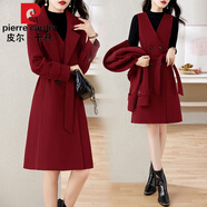 皮爾卡丹（pierre cardin）毛呢連衣裙女中長款2023秋冬新款感氣質(zhì)收腰顯瘦兩件套套裝裙子潮 酒紅色 XL