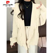 皮爾卡丹（pierre cardin）設(shè)計(jì)感海領(lǐng)流蘇披風(fēng)加厚毛衣開衫女秋冬寬松慵懶風(fēng)顯瘦針織外套 米白色 M 建議95-105斤