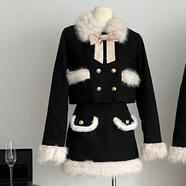 AEMAPE小香風(fēng)毛毛領(lǐng)夾棉加厚毛呢外套女秋冬套裝包臀半身裙裙子女兩件套 短裙套裝 L