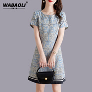 WABAOLI高端品牌 印花拼色連衣裙女 2024夏季新款復古名媛修身顯瘦A字裙 花色 2XL