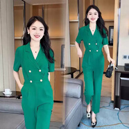 憶靈短袖西裝連體褲女2025夏季新款洋氣收腰顯瘦雙排扣休閑九分連衣褲 綠色 M【建議100-110斤】