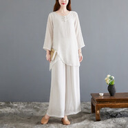 菲奢蘭佛系禪服女套裝棉麻中式白色茶服兩件套禪意飄逸上衣闊腿褲禪舞服