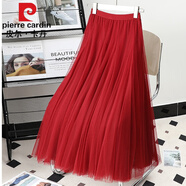 皮爾卡丹（pierre cardin）網(wǎng)紗半身裙女2023新款紗裙秋冬大擺裙春秋顯瘦感中長(zhǎng)款百褶裙顯瘦 大紅色 L