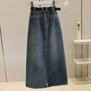 蜜莎蜜拉（Mirza Mirror）藍(lán)色牛仔半身裙女高腰2023秋季新款寬松顯瘦中長款開叉a字包臀裙 藍(lán)色 S
