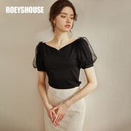 ROEYSHOUSE羅衣淑女心形領(lǐng)針織T恤夏裝新款黑色拼接網(wǎng)紗泡泡袖上衣04008 黑色 S