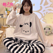 仙之儀睡衣女秋冬加厚法蘭絨珊瑚絨可愛卡通加絨保暖家居服韓版休閑套裝 8891條紋褲 QDM XL