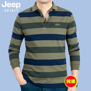 JEEP SPIRIT吉普休閑長(cháng)袖t恤男條紋polo翻領(lǐng)商務(wù)簡(jiǎn)約體恤衫男裝上衣8031 軍綠色 XL