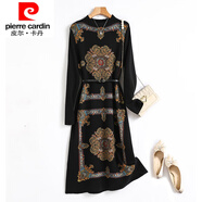 皮爾卡丹（pierre cardin）民族風(fēng)百搭針織連衣裙女春秋2024新款高端過膝打底毛毛毛衣裙 黑色 3XL