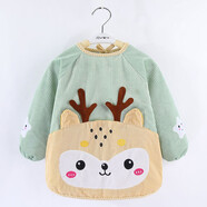 稚新秋冬男女寶寶吃飯罩衣兒童圍裙長(cháng)袖防水反穿衣護衣罩衫倒褂條絨 系帶款萌寶鹿-綠色 90（15碼建議8個(gè)月-2周歲）