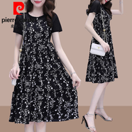 皮爾卡丹（pierre cardin）2024夏季新款收腰顯瘦連衣裙垂墜感假套裝時(shí)尚大l碼碎花中長(cháng)裙子 黑底 XL(建議115斤-130斤)