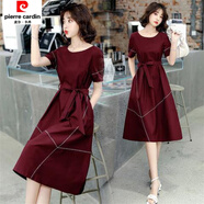皮爾卡丹御姐減齡連衣裙女中長(cháng)款2026夏季氣質(zhì)名媛英倫風(fēng)收腰顯瘦短袖裙子 酒紅色 M 適合92-104斤穿