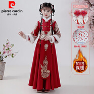 皮爾卡丹（pierre cardin）新年漢服女童冬裝加絨連衣裙中國風兒童古裝裙子小女孩加厚拜年服 8637酒紅色加絨+眉心貼+頭飾 160