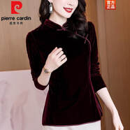 皮爾卡丹（pierre cardin）春秋新款復(fù)古文藝斜襟盤扣中式金絲絨襯衫女設(shè)計感小眾打底衫上衣 酒紅色加絨 XL