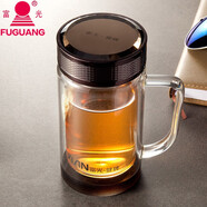 富光健牌雙層水晶杯帶把手柄鋼化玻璃杯茶杯帶過濾辦公室泡茶水杯 水晶杯 320ml