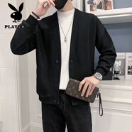 花花公子（PLAYBOY）白色針織衛衣男士cleanfit輕熟風(fēng)春秋季新款V領(lǐng)痞帥開(kāi)衫夾克外套 黑色 XL