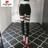 皮爾卡丹（pierre cardin）加絨皮褲女秋冬新款高腰外穿打底褲啞光顯瘦緊身小腳鉛筆褲子 棉質鏤空褲【不加絨】 S 【80-95斤】卡碼往大拍