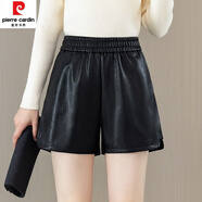 皮爾卡丹（pierre cardin）pu皮短褲女士2024秋冬季新款松緊高腰寬松休閑顯瘦闊腿靴褲子外穿 黑色 26/S 建議80-95斤