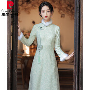 皮爾卡丹綠色改良旗袍連衣裙女加絨加厚冬季2025新款茶服女秋冬小個(gè)子款 338綠色 加絨加厚 M