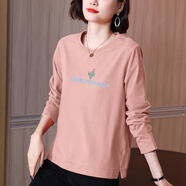綺敏純棉長(cháng)袖t恤女春秋打底衫2025新款寬松大碼中年媽媽秋裝氣質(zhì)上衣 粉色【藍字小花】 常規 3XL 建議130-140斤