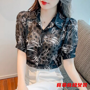柒十念女士雪紡襯衣女裝夏季新款設計感小眾復古碎花短袖薄款襯衫 黑色 M 建議95-110斤