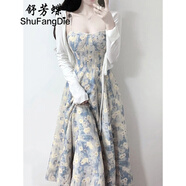 舒芳蝶（shufangdie）藍(lán)色碎花吊帶連衣裙套裝2025夏季新款女裝收腰開(kāi)衫配海邊度假裙子 白色開(kāi)衫+藍(lán)色吊帶裙 L
