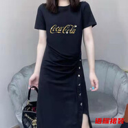風曉薇夏季輕連衣裙重工新款裙子妹時尚中長款t恤女女裙子 036黑色燙鉆字母/顯瘦遮肚子連衣裙 2XL 130-145斤/顯瘦遮肚子連衣裙