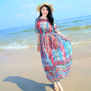 海灘裙 三亞旅游必備沙灘裙巴厘島波西米亞中袖印花連衣裙女中長款沙灘海邊度假 圖片色 XL