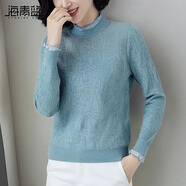 海青藍（CYANINE SEA）蕾絲鉤花長袖針織打底衫2024秋季新款漂亮內(nèi)搭洋氣小衫上衣簡約 淺藍色 XL